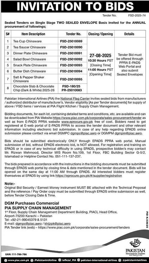 Pakistan International Airlines Karachi Tender Notice